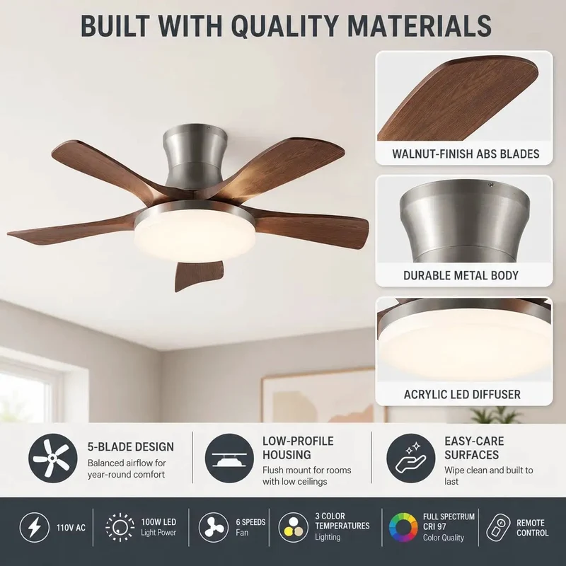 Modern Low Profile Ceiling Fan With Light Featuring Smooth 54 Inch Wood Grain Abs Blades With Top Shelf 100W Full Spectrum Led Illumination And Solid Airflow For Chill Living Rooms And Bedrooms