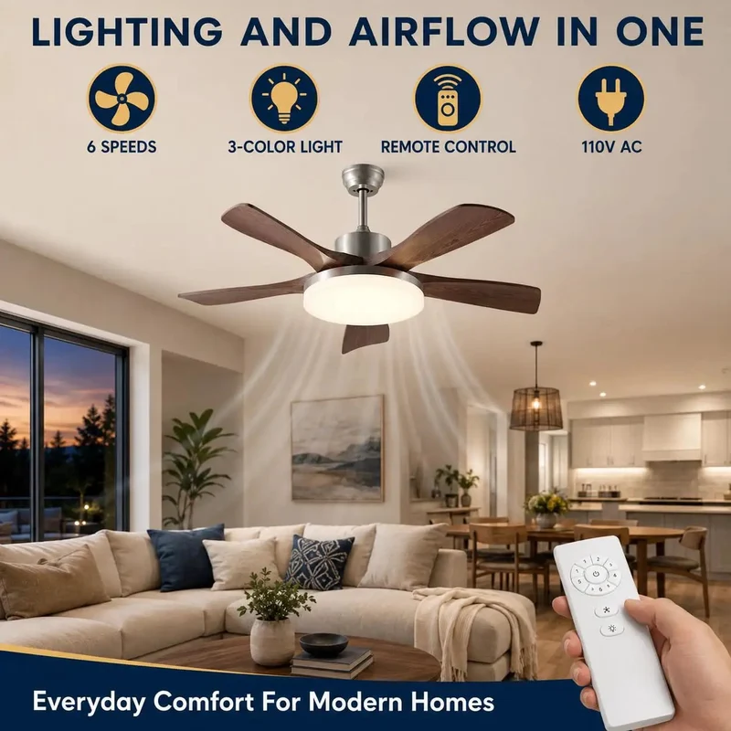 Modern 46 Inch Walnut Ceiling Fan Bringing Breezy Comfort And Zero Fuss Remote Operation Featuring Six Speed Settings A Powerful One Hundred Watt Led Light With Three Color Options Rock Built ABS Blades For Living Rooms