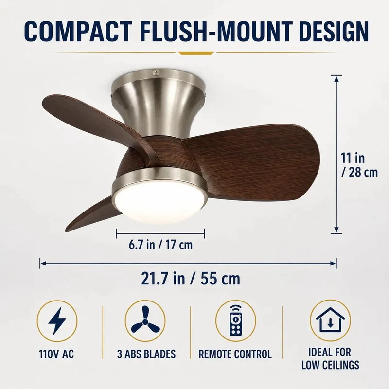 Solid Choice Walnut Flush Mount Ceiling Fan With A Whisper Quiet DC Motor And Three Reversible Blades Made For Low Ceilings Provides Six Chill Speeds Dimmable LED Light And Remote