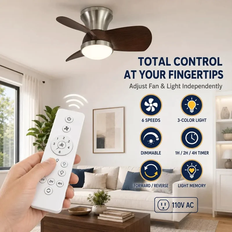Solid Choice Walnut Flush Mount Ceiling Fan With A Whisper Quiet DC Motor And Three Reversible Blades Made For Low Ceilings Provides Six Chill Speeds Dimmable LED Light And Remote