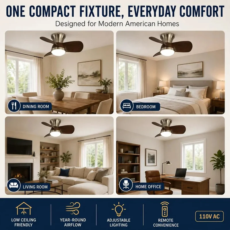 Solid Choice Walnut Flush Mount Ceiling Fan With A Whisper Quiet DC Motor And Three Reversible Blades Made For Low Ceilings Provides Six Chill Speeds Dimmable LED Light And Remote
