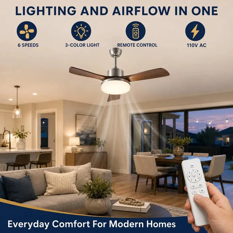 42 Inch Modern Ceiling Fan With Lights And Wireless Remote Killer Airflow 60W Led Full Spectrum CRI 97 Three Warm To Cool Tones Six Hella Smooth Speeds Wood Grain ABS Blades Straight Up Total Room Glow Up
