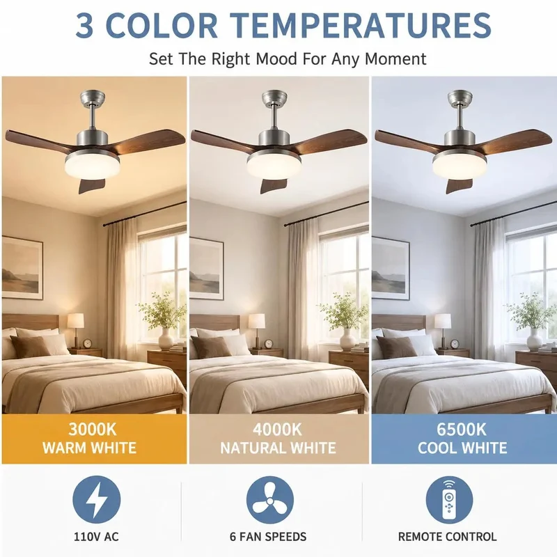 42 Inch Modern Ceiling Fan With Lights And Wireless Remote Killer Airflow 60W Led Full Spectrum CRI 97 Three Warm To Cool Tones Six Hella Smooth Speeds Wood Grain ABS Blades Straight Up Total Room Glow Up