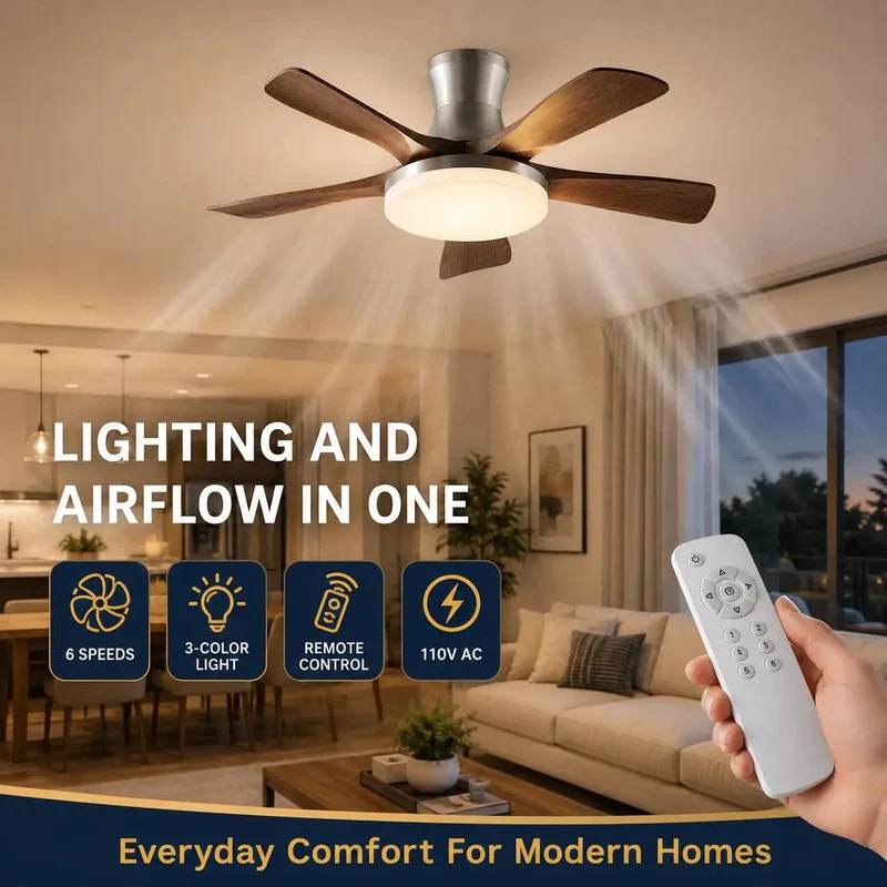 Modern Low Profile 46 Inch Ceiling Fan With Light Premium Wood Grain Blades 100w Full Spectrum Led For Living Room Bedroom Straight Up Smooth Kicks Serious Chill Vibes