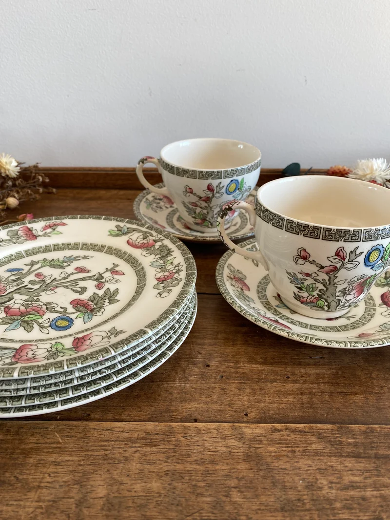Tasses soucoupes et assiettes à dessert assorties Johnson Bros England Indian Tree
