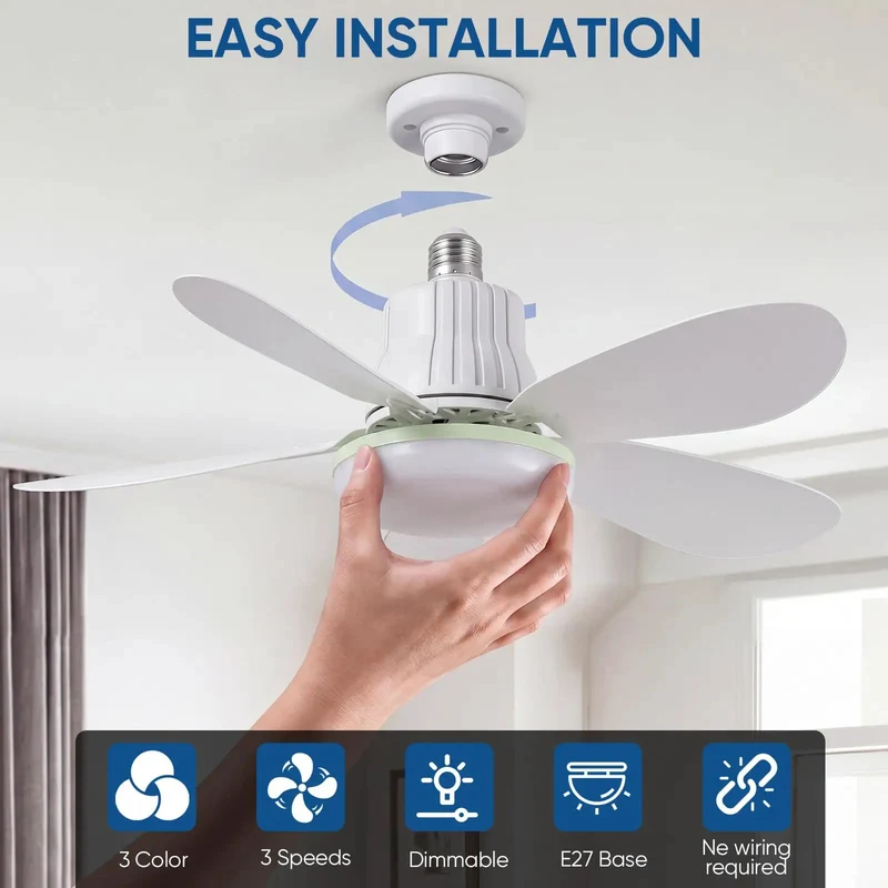 Breezy 20.5 Inch Screw In Socket Fan Light With Remote, Three Speed Settings, Three Color Dimmable Bulb, 1800 Lumens, No Sweat Setup For Bedroom Kitchen Garage Or Laundry Room