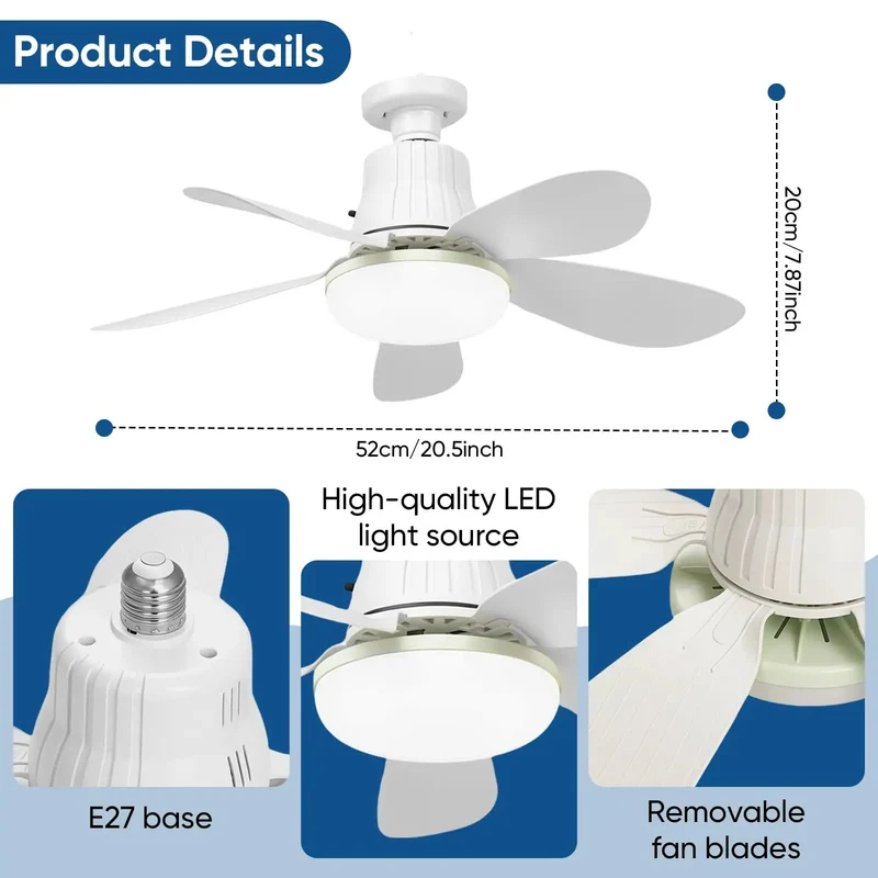Breezy 20.5 Inch Screw In Socket Fan Light With Remote, Three Speed Settings, Three Color Dimmable Bulb, 1800 Lumens, No Sweat Setup For Bedroom Kitchen Garage Or Laundry Room