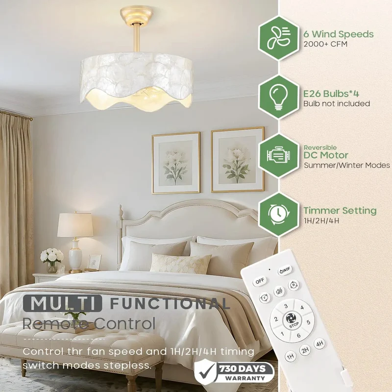 Boho Shell Caged Ceiling Fan With Adjustable Warm Light And Wireless Remote Six Speed Settings Solid Build Quality Next Level Airflow For Chic Bedroom Nesting