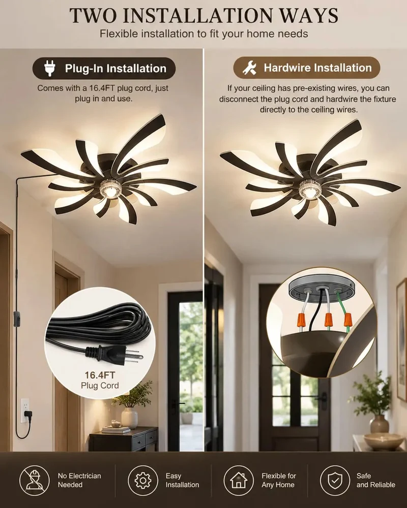 Slick Plug In Ceiling Fan With Integrated Lights And Remote Control Offering Straight Up Easy Hookup Low Profile Build And Three Sleek Finishes For Smooth Airflow And Chill Home Vibes