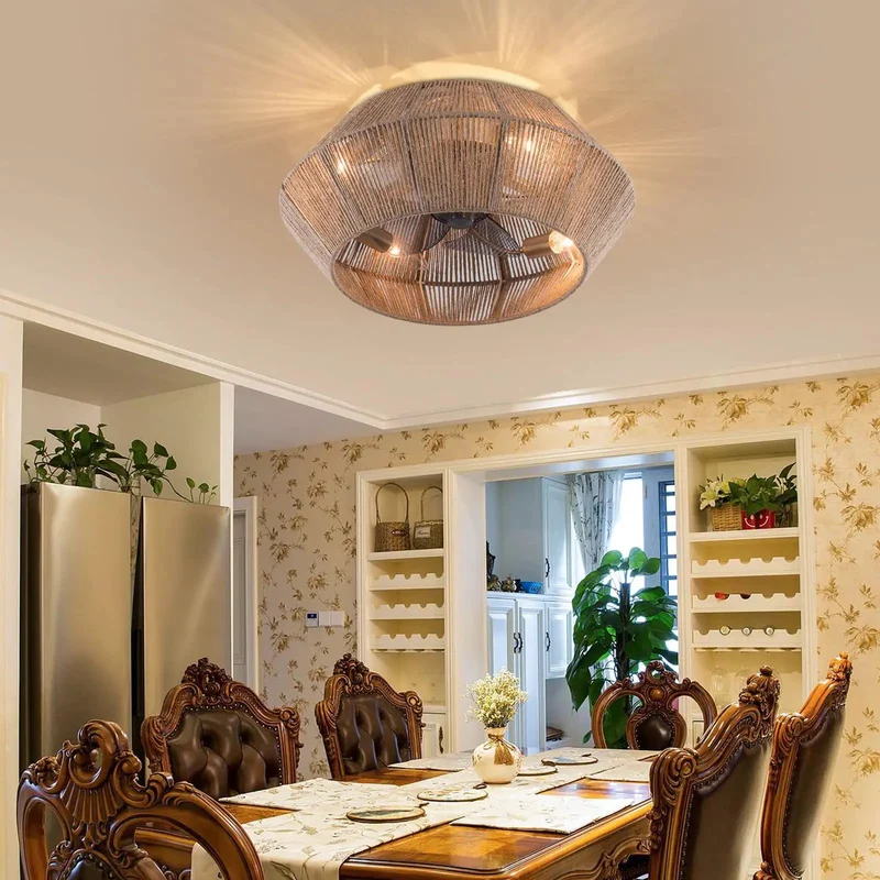 Top Tier Handwoven Rattan Ceiling Fan With Built In Light And Convenient Remote Control Totally Dope For Bedroom Or Living Room Setup Delivers Sweet Breeze Through Five ABS Blades Hidden Under Authentic Woven Twine Shade