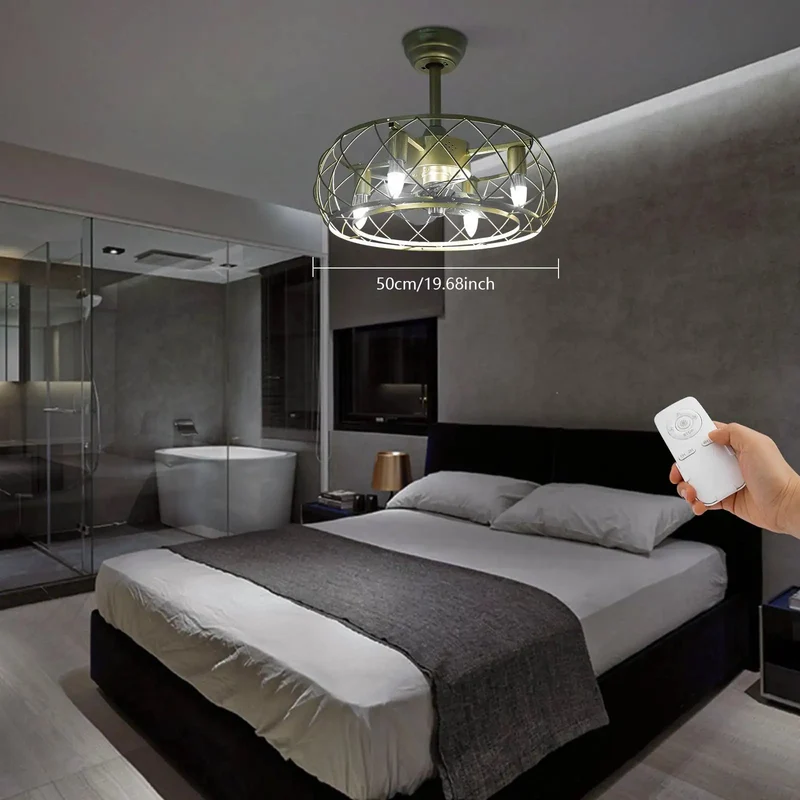 Heavy Duty Gold Iron Cage Ceiling Fan With Warm Light And Wireless Remote Silent Brushless Copper Motor For Bedroom No Noise Drama Straight Fire Smooth Operation For Ultimate Chill Vibes