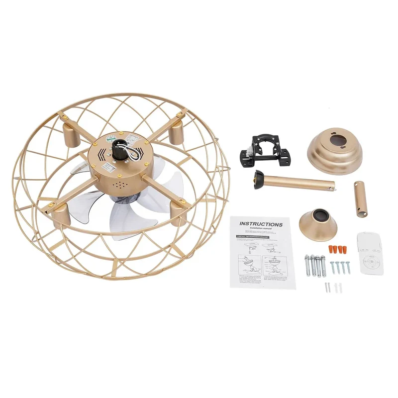 Heavy Duty Gold Iron Cage Ceiling Fan With Warm Light And Wireless Remote Silent Brushless Copper Motor For Bedroom No Noise Drama Straight Fire Smooth Operation For Ultimate Chill Vibes