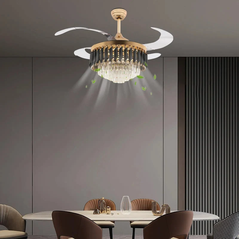 42 Inch Invisible Crystal Led Ceiling Fan Light With Remote 6 Speed 3 Color Modes Iron Acrylic Construction Electroplated Rust Resistant Smooth Airflow Top Notch Durability Slick Design Adds Dope Style To Level Up Your Bedroom Or Living Room Decor