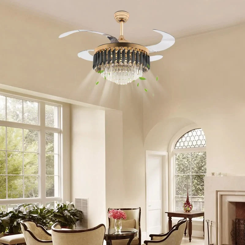 42 Inch Invisible Crystal Led Ceiling Fan Light With Remote 6 Speed 3 Color Modes Iron Acrylic Construction Electroplated Rust Resistant Smooth Airflow Top Notch Durability Slick Design Adds Dope Style To Level Up Your Bedroom Or Living Room Decor