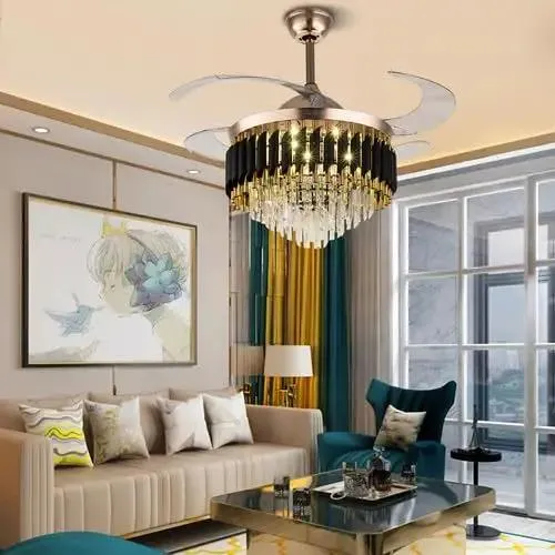 42 Inch Invisible Crystal Led Ceiling Fan Light With Remote 6 Speed 3 Color Modes Iron Acrylic Construction Electroplated Rust Resistant Smooth Airflow Top Notch Durability Slick Design Adds Dope Style To Level Up Your Bedroom Or Living Room Decor