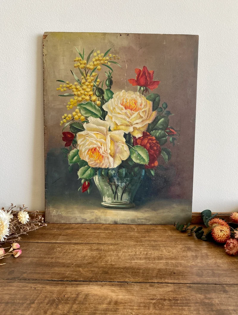 Peinture sur bois nature morte ancienne fin XIXème