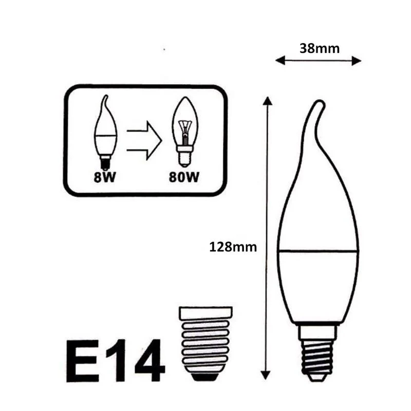 Ampoule LED E14 Flamme 8W 220V Ø38mm - Pack de 100