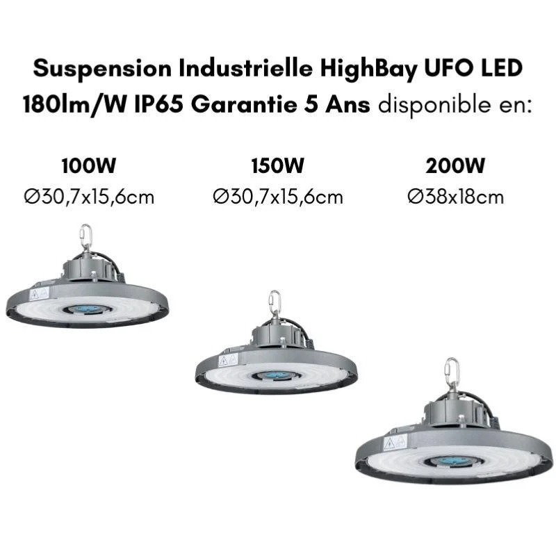 Suspension Industrielle 150W HighBay UFO Haut Rendement 180lm/W IP65 Garantie 5 Ans
