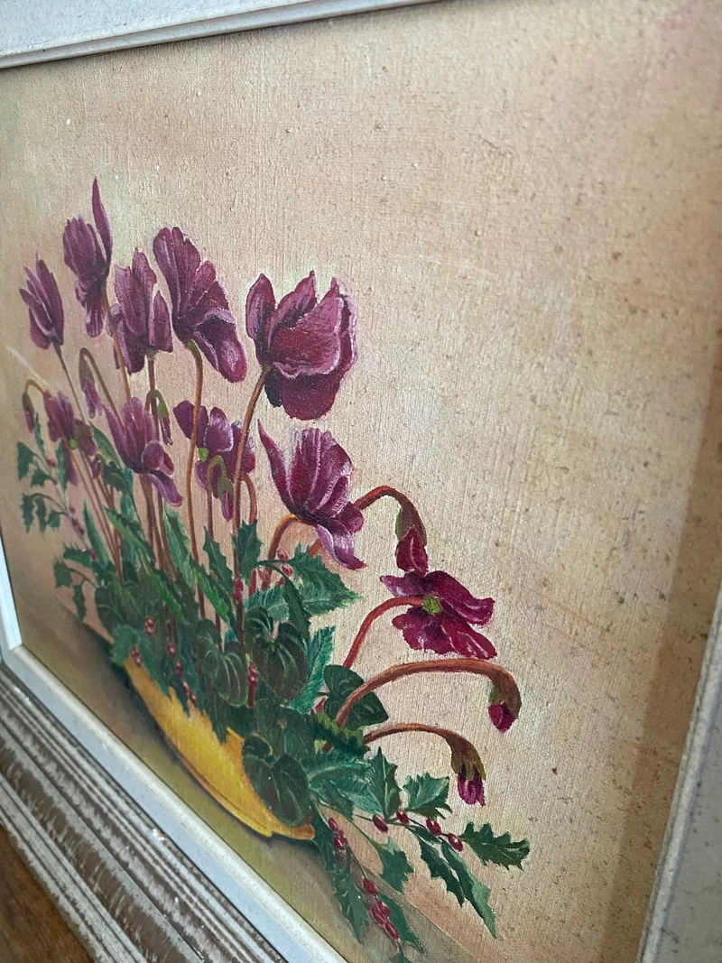 Peinture ancienne signée bouquet de cyclamens
