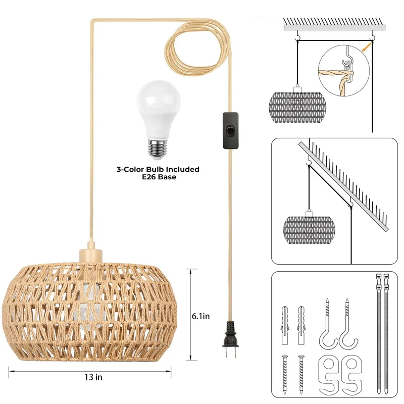 Ace Boho Plug In Pendant Light With Handwoven Macrame Coverage and 3 Way Bulb Setup Plus Fourteen Foot Drop Cord for Smooth Ceiling Upgrade Vibes Anyday