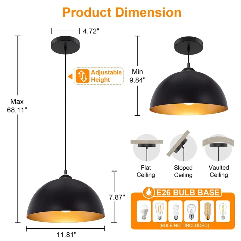 Slick Black And Gold Dome Pendant Lighting Set For Kitchen Islands Badass Farmhouse Chandelier Decor Warm Ambient Glow 3 Pack Easy Install Ceiling Fixtures