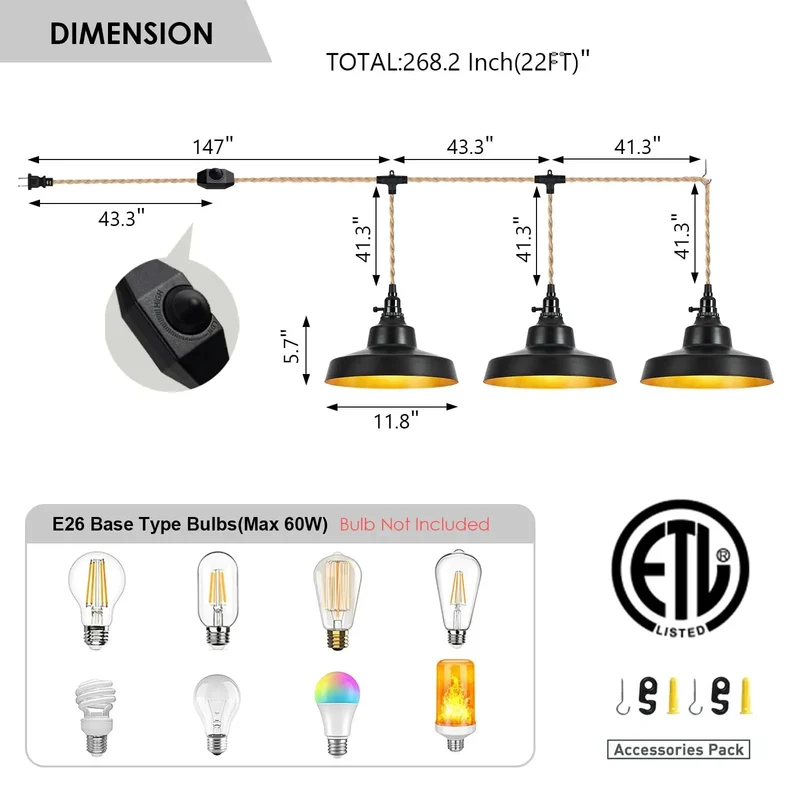 Twenty Two Foot Plug In Pendant Light Featuring Matte Black Vintage Farmhouse Dome Shade Straight Up Quality With Heavy Duty Cable Over Kitchen Island No Sweat Setup
