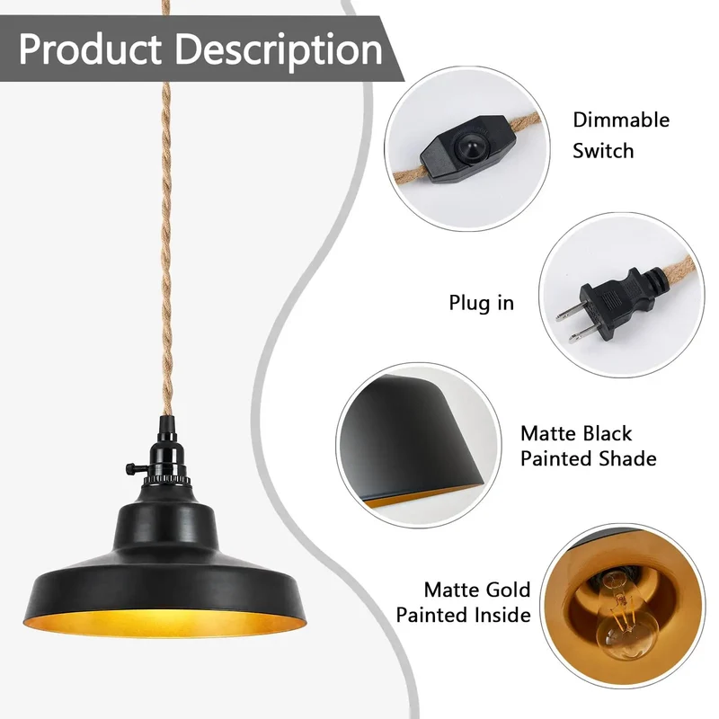 Twenty Two Foot Plug In Pendant Light Featuring Matte Black Vintage Farmhouse Dome Shade Straight Up Quality With Heavy Duty Cable Over Kitchen Island No Sweat Setup