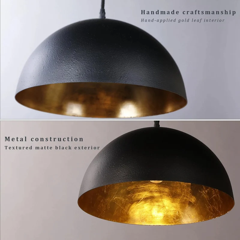 15 Inch Matte Black And Gold Dome Pendant Lights 3 Pack Industrial Farmhouse Textured Hanging Fixtures With Hand Applied Gold Leaf Interior Epic Vibe Lighting Showstopper For Kitchen Island Dining Room Bar Decor Setup