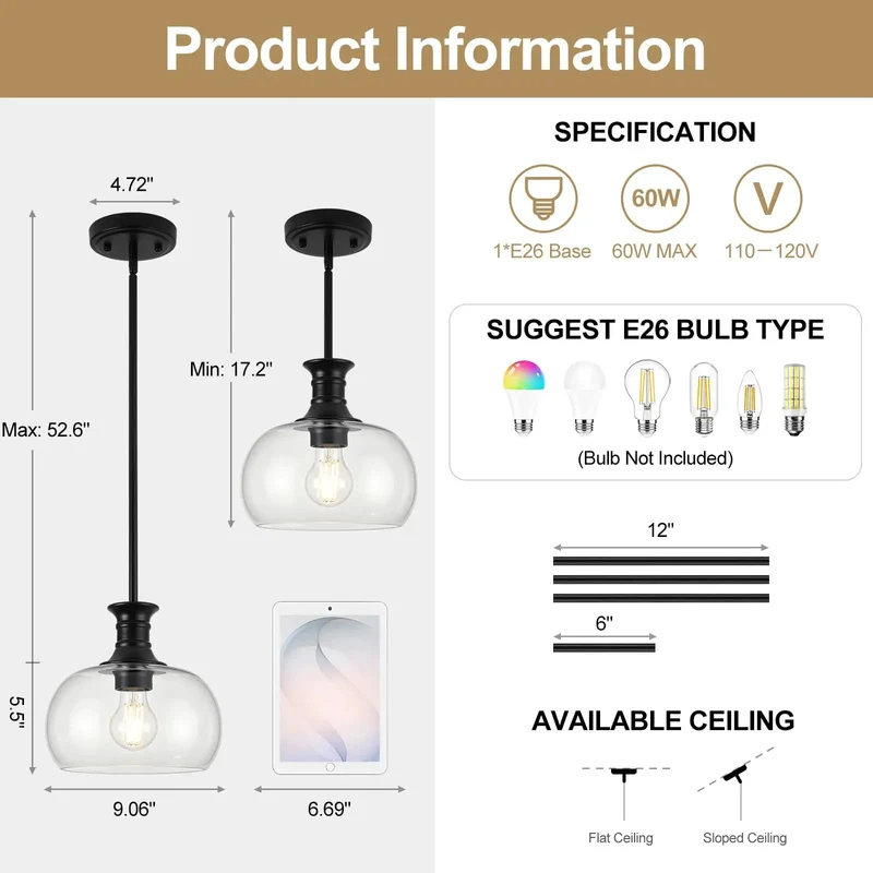Super Sleek Matte Black And Clear Glass Pendant Lights Pack Of 2 With Adjustable Height Heavy Duty Metal Frame Next Level Decor For Your Kitchen Island Dining Room Or Bedroom