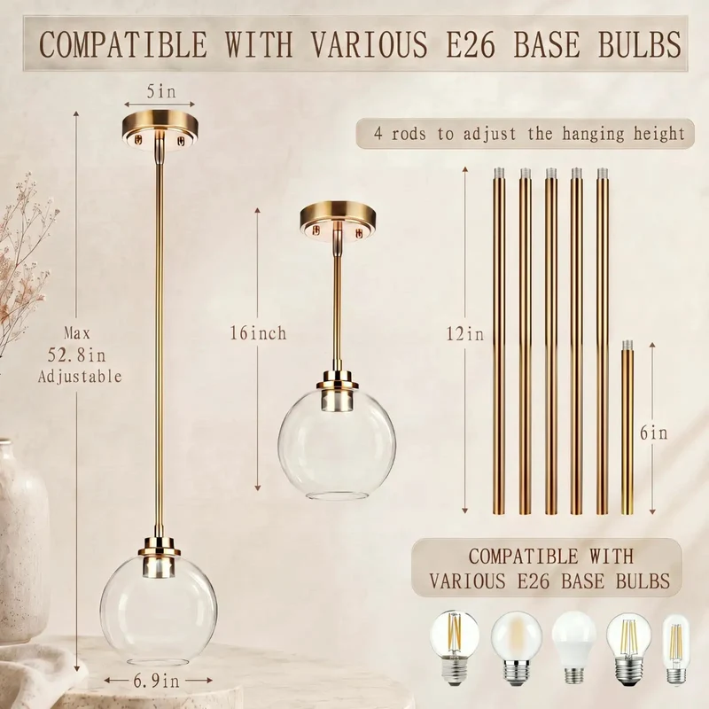 Upgrade Your Spot With This Hella Sleek 3-Pack Of Gold Brass Globe Pendant Lights Boasting 7-Inch Clear Glass Shades And Fully Adjustable Height Perfect For Slaying Your Kitchen Island Or Cozy Dining Nook Decor.