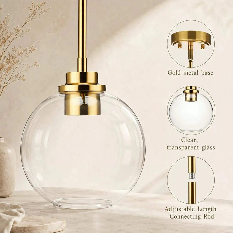 Upgrade Your Spot With This Hella Sleek 3-Pack Of Gold Brass Globe Pendant Lights Boasting 7-Inch Clear Glass Shades And Fully Adjustable Height Perfect For Slaying Your Kitchen Island Or Cozy Dining Nook Decor.
