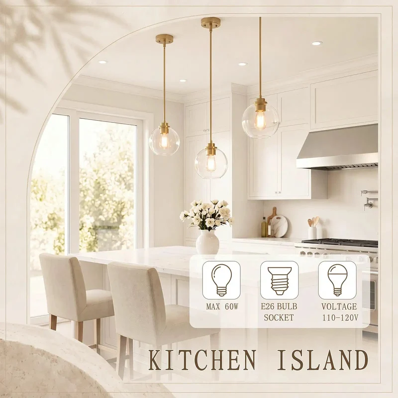 Upgrade Your Spot With This Hella Sleek 3-Pack Of Gold Brass Globe Pendant Lights Boasting 7-Inch Clear Glass Shades And Fully Adjustable Height Perfect For Slaying Your Kitchen Island Or Cozy Dining Nook Decor.