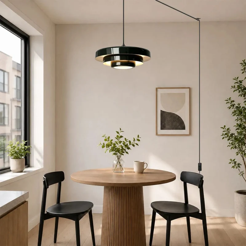Black Swag Pendant Light Plug-In With Layered Metal Shade Mid Century Modern Retro Hanging Fixture Featuring Adjustable Pulley Cord And Switch Sleek Illumination For Bedroom Or Living Room Vibe