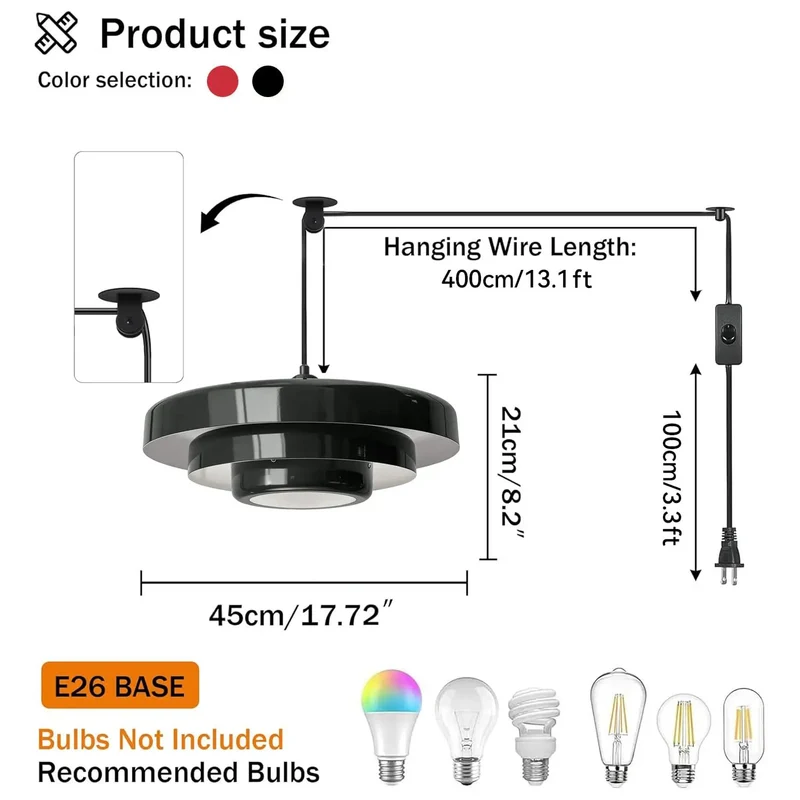 Black Swag Pendant Light Plug-In With Layered Metal Shade Mid Century Modern Retro Hanging Fixture Featuring Adjustable Pulley Cord And Switch Sleek Illumination For Bedroom Or Living Room Vibe