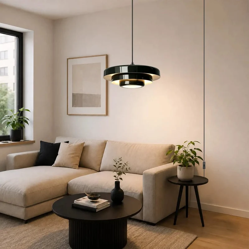 Black Swag Pendant Light Plug-In With Layered Metal Shade Mid Century Modern Retro Hanging Fixture Featuring Adjustable Pulley Cord And Switch Sleek Illumination For Bedroom Or Living Room Vibe