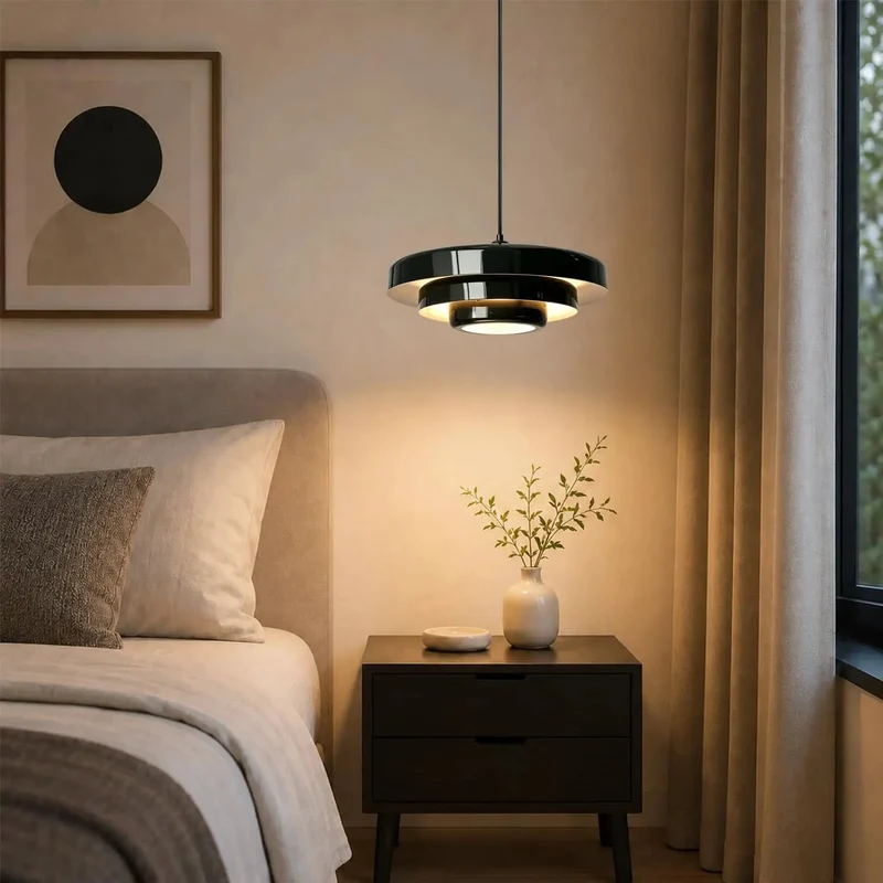 Black Swag Pendant Light Plug-In With Layered Metal Shade Mid Century Modern Retro Hanging Fixture Featuring Adjustable Pulley Cord And Switch Sleek Illumination For Bedroom Or Living Room Vibe