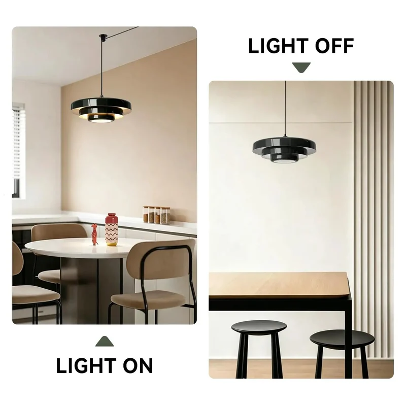 Black Swag Pendant Light Plug-In With Layered Metal Shade Mid Century Modern Retro Hanging Fixture Featuring Adjustable Pulley Cord And Switch Sleek Illumination For Bedroom Or Living Room Vibe