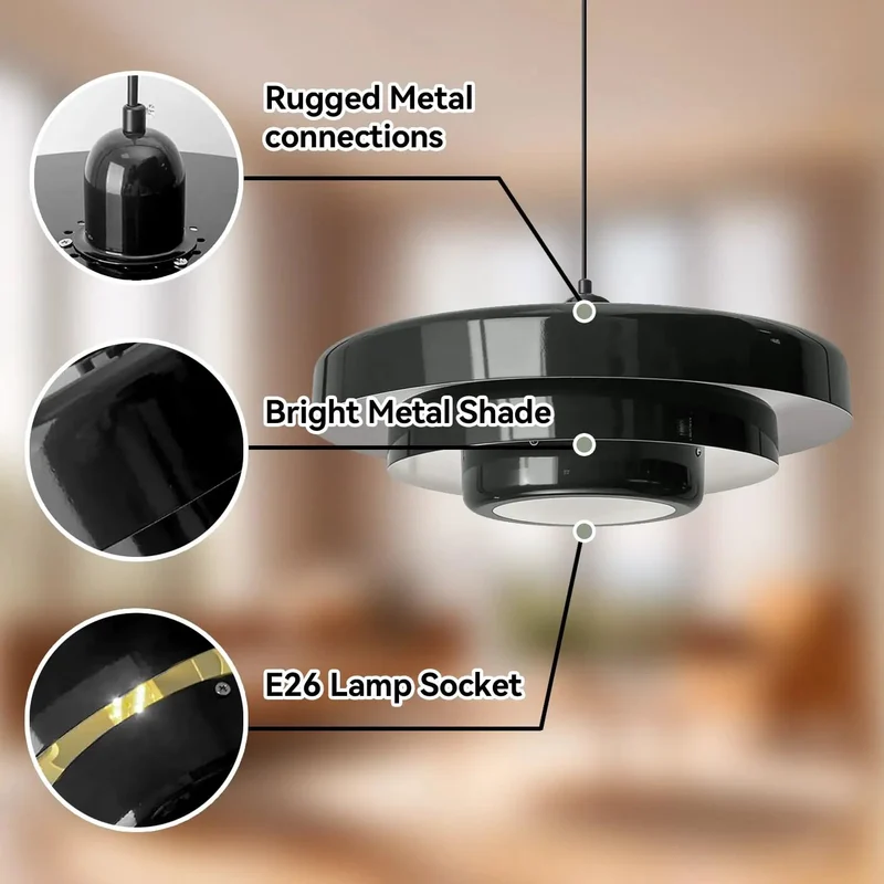 Black Swag Pendant Light Plug-In With Layered Metal Shade Mid Century Modern Retro Hanging Fixture Featuring Adjustable Pulley Cord And Switch Sleek Illumination For Bedroom Or Living Room Vibe