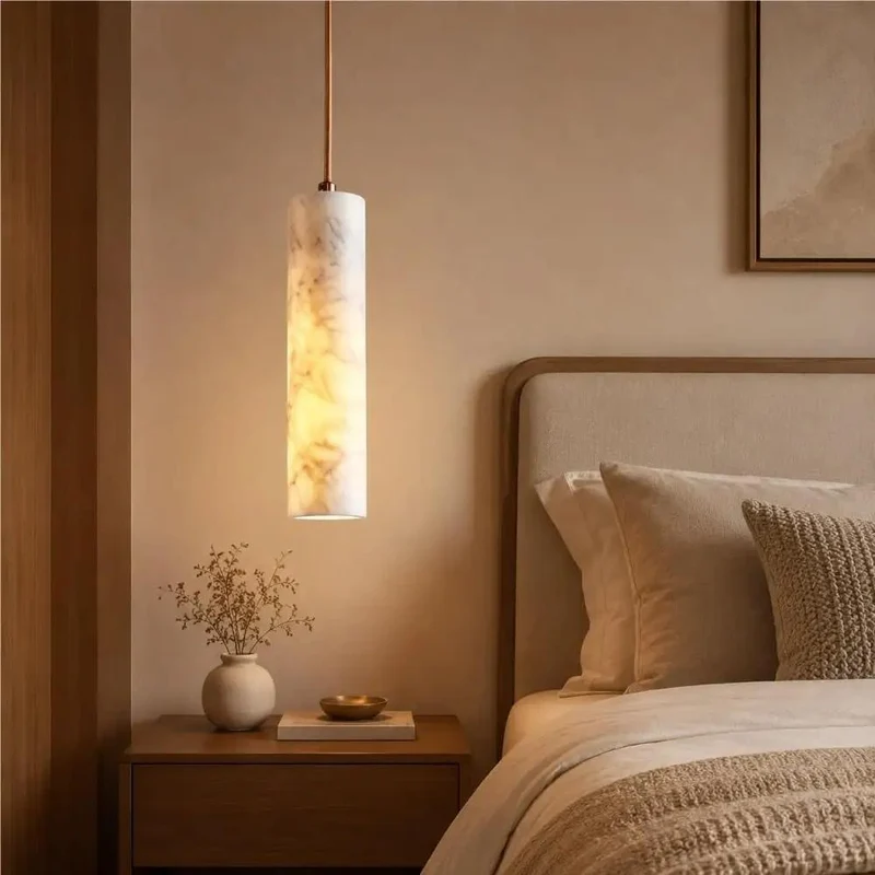 Totally Slick Alabaster Pendant Light Featuring Natural Marble Tube And Rich Wood Canopy For Kitchen Island Bedroom Area Killer Design Lighting Solution Quick Install