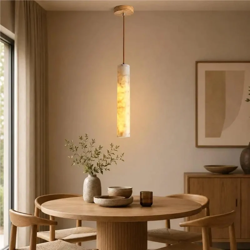 Totally Slick Alabaster Pendant Light Featuring Natural Marble Tube And Rich Wood Canopy For Kitchen Island Bedroom Area Killer Design Lighting Solution Quick Install