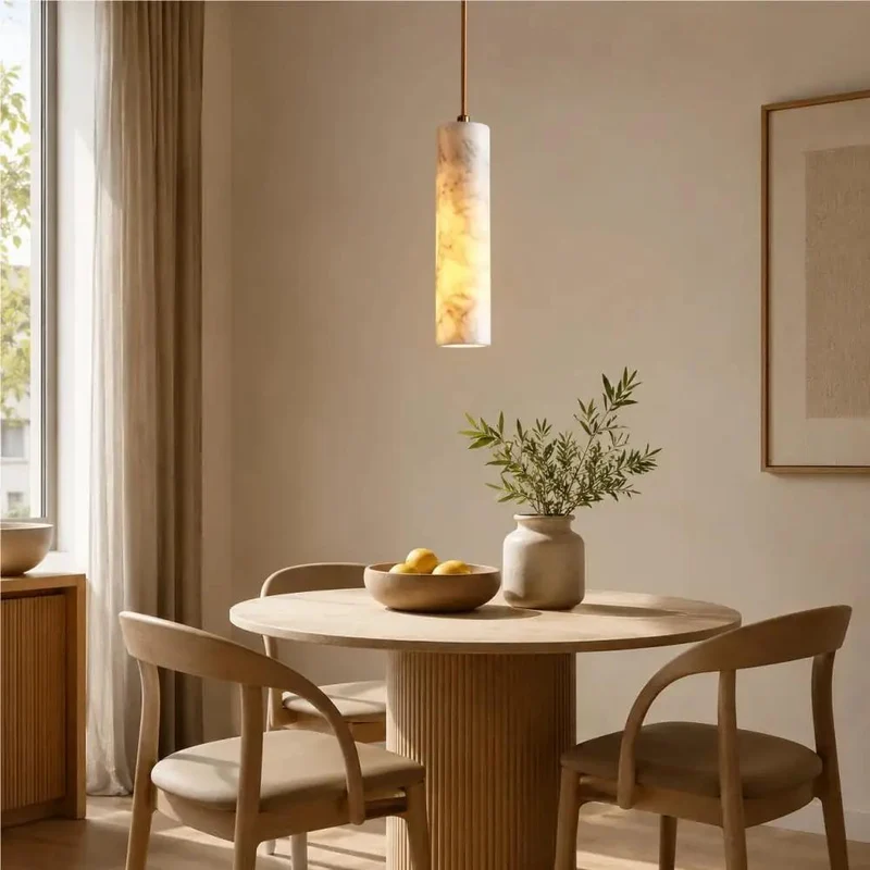 Totally Slick Alabaster Pendant Light Featuring Natural Marble Tube And Rich Wood Canopy For Kitchen Island Bedroom Area Killer Design Lighting Solution Quick Install