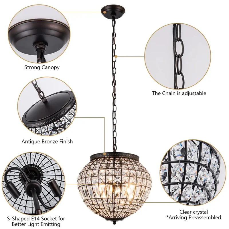 Straight Up Stunning 14 Inch Vintage Crystal Pendant Light With Two Antique Bronze Arms Featuring Handwoven Globe Silhouette That Brings Instant French Inspired Charm And Smooth Ambient Glow To Your Cozy Kitchen Or Welcoming Entryway