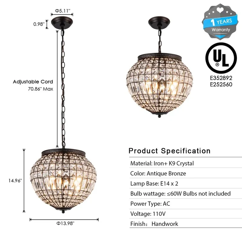 Straight Up Stunning 14 Inch Vintage Crystal Pendant Light With Two Antique Bronze Arms Featuring Handwoven Globe Silhouette That Brings Instant French Inspired Charm And Smooth Ambient Glow To Your Cozy Kitchen Or Welcoming Entryway