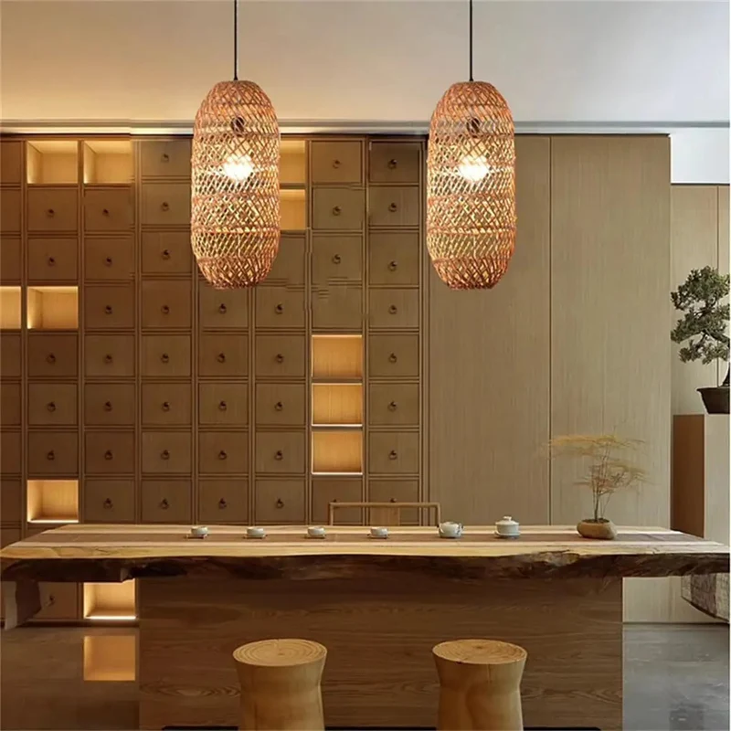 Handwoven Rattan Pendant Light Featuring Large Wicker Ceiling Lampshade For Boho Living Room Decor Natural Bamboo Fixture Ideal Kitchen Dining Room Setup That Brings Chill Organic Vibes