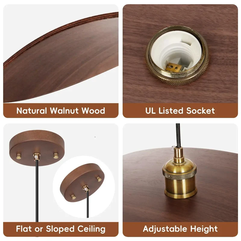 Large Black Walnut Wood Pendant Light With Brass Fixtures For Kitchen Island Dining Room And Foyer Mid Century Modern Hanging Lamp Setting Straight Up Sick Vibe