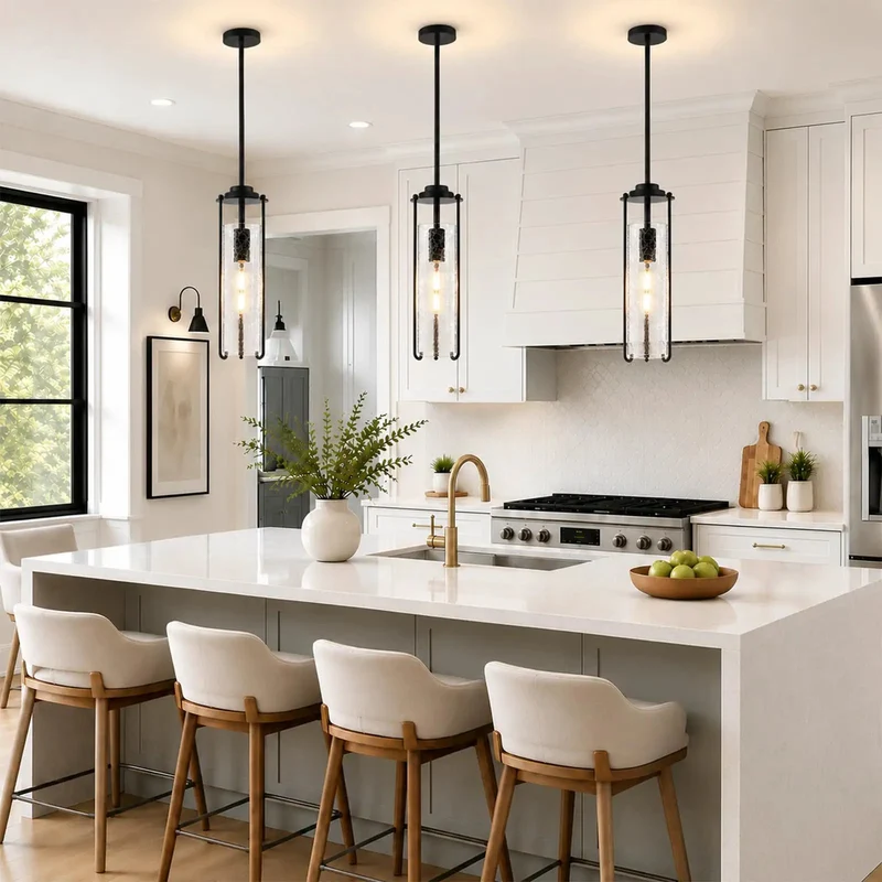 2 Pack Matte Black Pendant Light Fixtures Featuring Thick Crackle Glass Shades Crafted For Kitchen Islands To Bring Fresh Kick Ass Vibes And Soft Radiant Warm Illumination