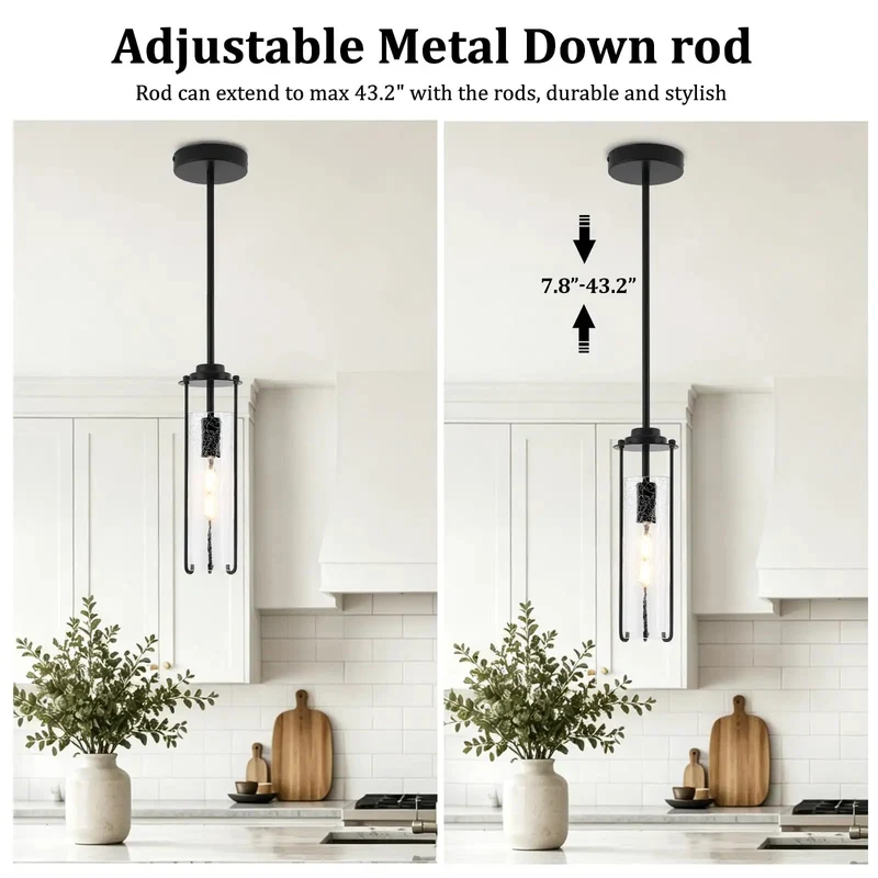 2 Pack Matte Black Pendant Light Fixtures Featuring Thick Crackle Glass Shades Crafted For Kitchen Islands To Bring Fresh Kick Ass Vibes And Soft Radiant Warm Illumination