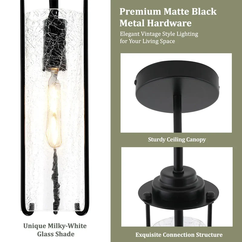 2 Pack Matte Black Pendant Light Fixtures Featuring Thick Crackle Glass Shades Crafted For Kitchen Islands To Bring Fresh Kick Ass Vibes And Soft Radiant Warm Illumination