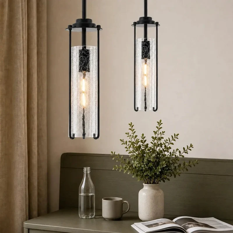 2 Pack Matte Black Pendant Light Fixtures Featuring Thick Crackle Glass Shades Crafted For Kitchen Islands To Bring Fresh Kick Ass Vibes And Soft Radiant Warm Illumination