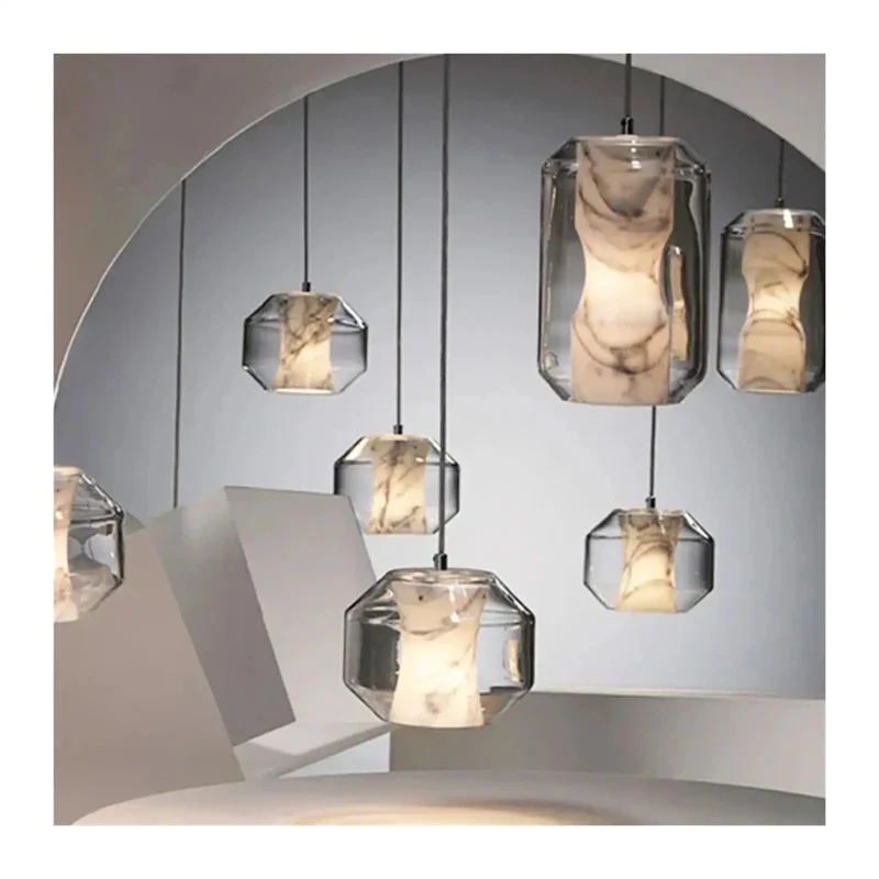 Modern Clear Glass Pendant Light Featuring Chic Marble Inner Layer With Fully Adjustable Suspension Cords Crafted For Kitchen Islands To Cast A Sick Warm Glow And Add A Knockout Decor Vibe